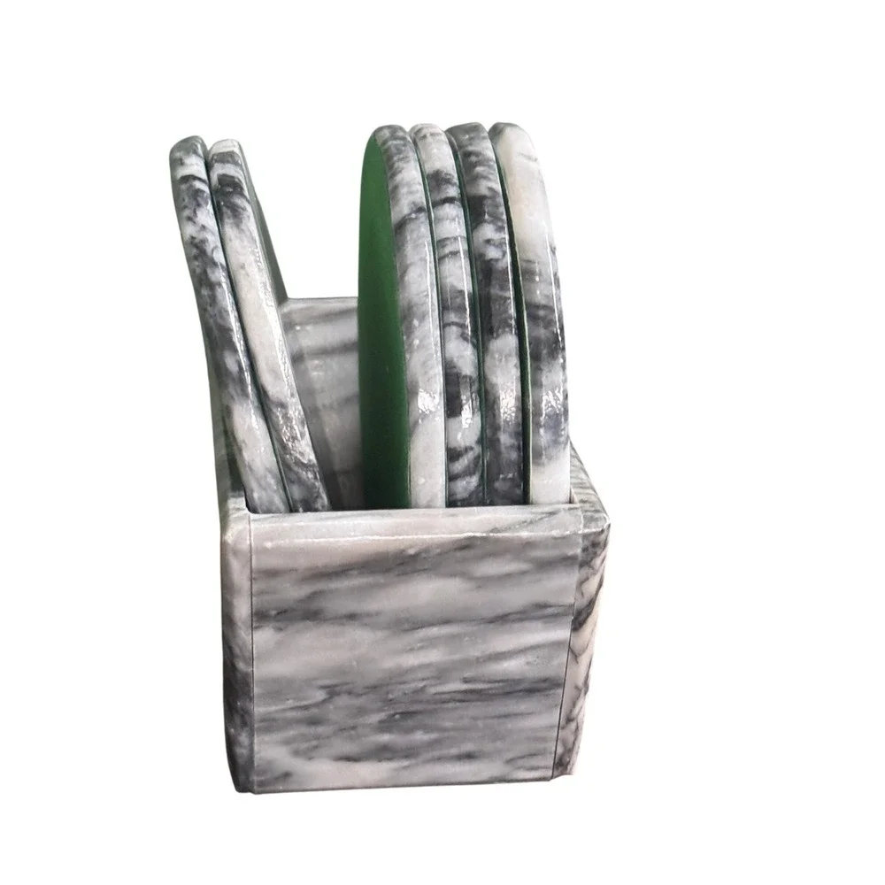 Vintage Grey Black White Marble Stone Coaster Set of 6 with Caddy